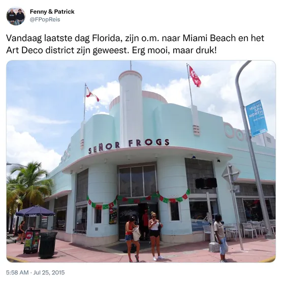 Vandaag laatste dag Florida, zijn o.m. naar Miami Beach en het Art Deco district zijn geweest. Erg mooi, maar druk! http://t.co/8BDKtbmmfa