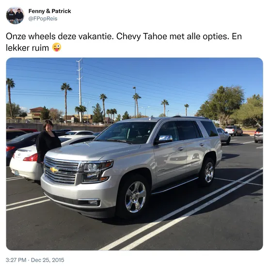 Onze wheels deze vakantie. Chevy Tahoe met alle opties. En lekker ruim 😜 https://t.co/kbJuNURU0l