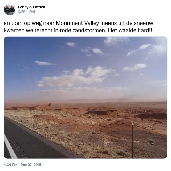 en toen op weg naar Monument Valley ineens uit de sneeuw kwamen we terecht in rode zandstormen. Het waaide hard!!! https://t.co/FxkwLUAaKz 