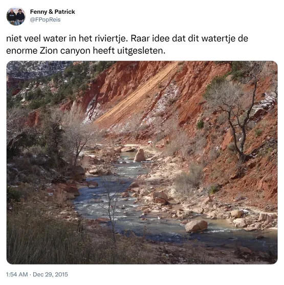 niet veel water in het riviertje. Raar idee dat dit watertje de enorme Zion canyon heeft uitgesleten. https://t.co/vxtHva3WKC 