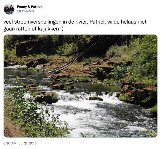 veel stroomversnellingen in de rivier, Patrick wilde helaas niet gaan raften of kajakken :) https://t.co/hpTetDc0bC