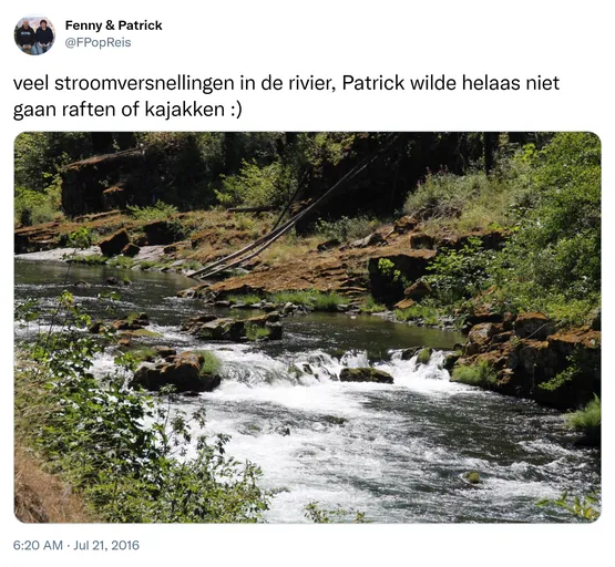 veel stroomversnellingen in de rivier, Patrick wilde helaas niet gaan raften of kajakken :) https://t.co/hpTetDc0bC 