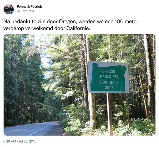 Na bedankt te zijn door Oregon, werden we een 100 meter verderop verwelkomd door Californie. https://t.co/po1oKacCMR