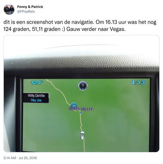 dit is een screenshot van de navigatie. Om 16.13 uur was het nog 124 graden, 51,11 graden :) Gauw verder naar Vegas. https://t.co/MwmrLohrWN 