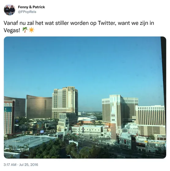 Vanaf nu zal het wat stiller worden op Twitter, want we zijn in Vegas! 🌴☀️ https://t.co/5xOXFQo1SF 