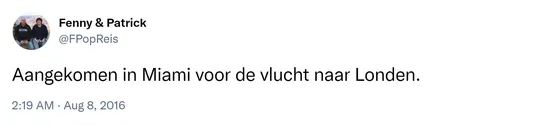 Aangekomen in Miami voor de vlucht naar Londen.