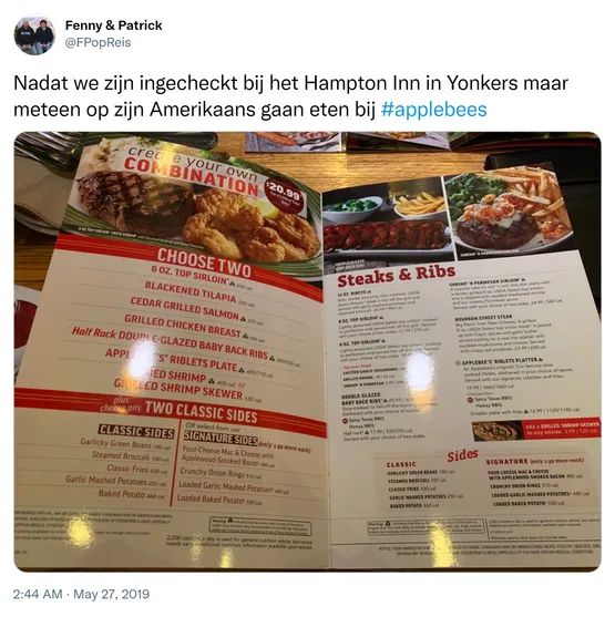 Nadat we zijn ingecheckt bij het Hampton Inn in Yonkers maar meteen op zijn Amerikaans gaan eten bij #applebees https://t.co/PCANU1FXj6
