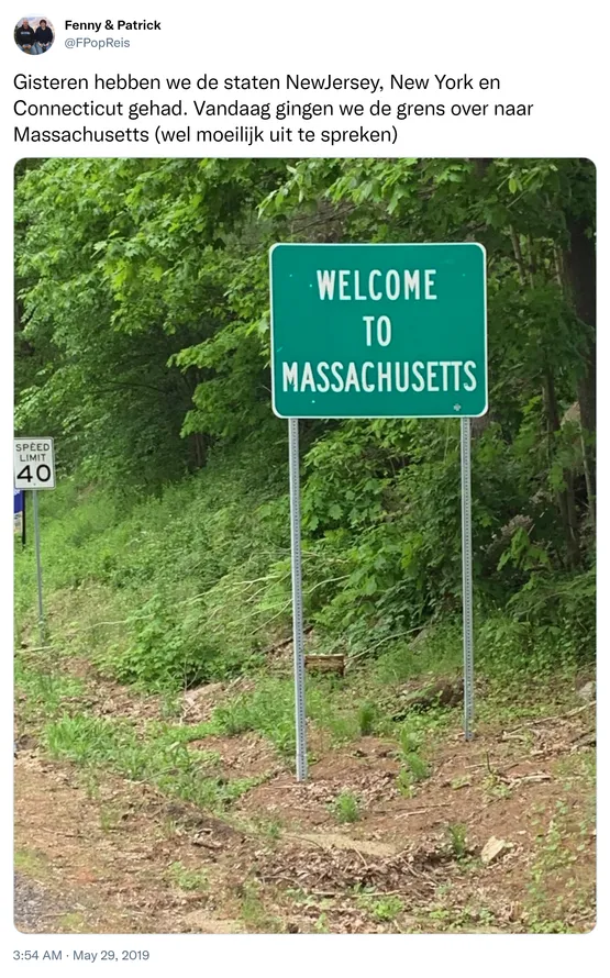 Gisteren hebben we de staten NewJersey, New York en Connecticut gehad. Vandaag gingen we de grens over naar Massachusetts (wel moeilijk uit te spreken) https://t.co/AFjFdCpans
