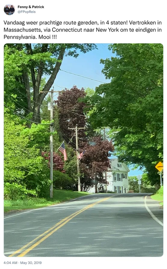 Vandaag weer prachtige route gereden, in 4 staten! Vertrokken in Massachusetts, via Connecticut naar New York om te eindigen in Pennsylvania. Mooi !!! https://t.co/rPCC6NOMQr
