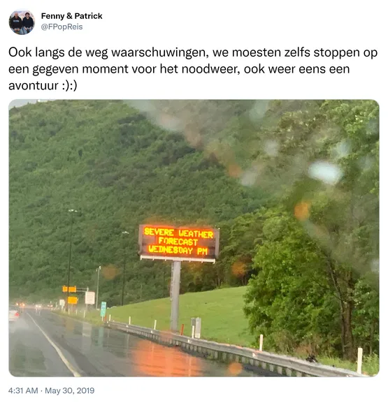 Ook langs de weg waarschuwingen, we moesten zelfs stoppen op een gegeven moment voor het noodweer, ook weer eens een avontuur :):) https://t.co/vGrc2OWFj7 