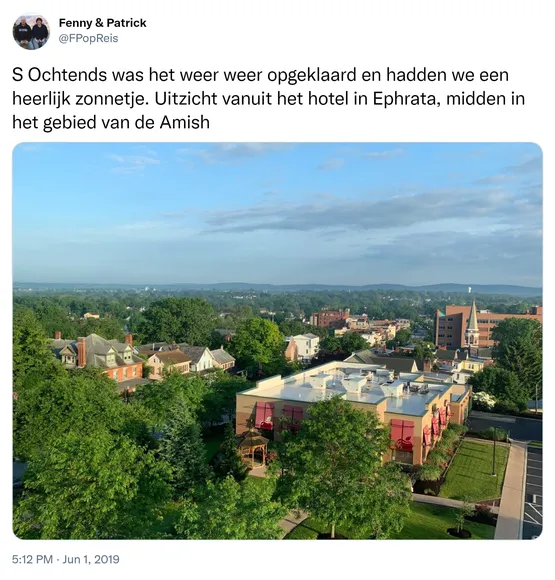 S Ochtends was het weer weer opgeklaard en hadden we een heerlijk zonnetje. Uitzicht vanuit het hotel in Ephrata, midden in het gebied van de Amish https://t.co/veqakUvgOA
