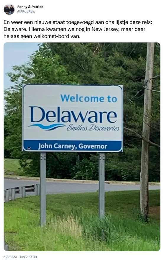 En weer een nieuwe staat toegevoegd aan ons lijstje deze reis: Delaware. Hierna kwamen we nog in New Jersey, maar daar helaas geen welkomst-bord van. https://t.co/aeieMJ0L5g
