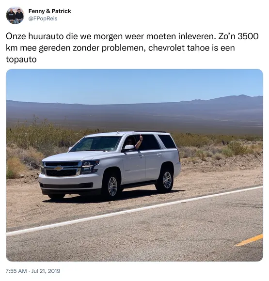 Onze huurauto die we morgen weer moeten inleveren. Zo’n 3500 km mee gereden zonder problemen, chevrolet tahoe is een topauto https://t.co/PzD0HLw7Ve 