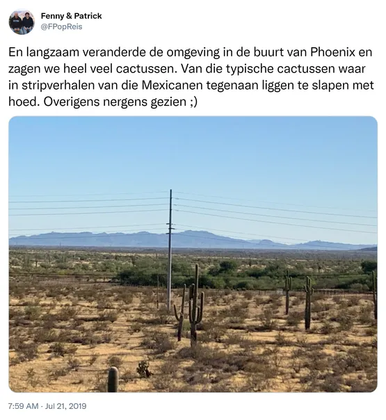 En langzaam veranderde de omgeving in de buurt van Phoenix en zagen we heel veel cactussen. Van die typische cactussen waar in stripverhalen van die Mexicanen tegenaan liggen te slapen met hoed. Overigens nergens gezien ;) https://t.co/eHPZ360yIe 