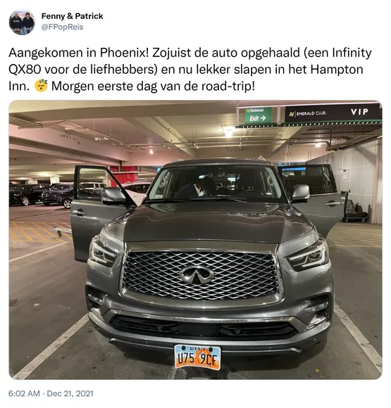 Aangekomen in Phoenix! Zojuist de auto opgehaald (een Infinity QX80 voor de liefhebbers) en nu lekker slapen in het Hampton Inn. 😴 Morgen eerste dag van de road-trip! https://t.co/J9kGzf4oYR