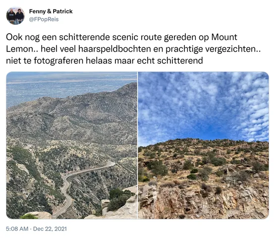 Ook nog een schitterende scenic route gereden op Mount Lemon.. heel veel haarspeldbochten en prachtige vergezichten.. niet te fotograferen helaas maar echt schitterend https://t.co/r91nikIew1