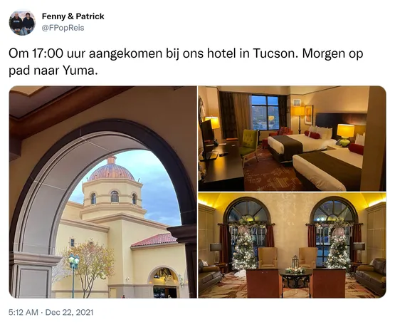 Om 17:00 uur aangekomen bij ons hotel in Tucson. Morgen op pad naar Yuma. https://t.co/Tgq8ig2ePp