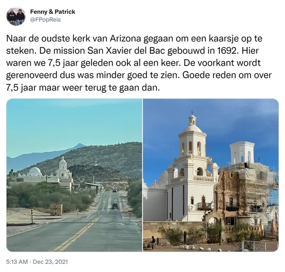 Naar de oudste kerk van Arizona gegaan om een kaarsje op te steken. De mission San Xavier del Bac gebouwd in 1692. Hier waren we 7,5 jaar geleden ook al een keer. De voorkant wordt gerenoveerd dus was minder goed te zien. Goede reden om over 7,5 jaar maar weer terug te gaan dan. https://t.co/gXaGnX6t0b