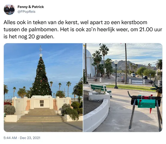 Alles ook in teken van de kerst, wel apart zo een kerstboom tussen de palmbomen. Het is ook zo’n heerlijk weer, om 21.00 uur is het nog 20 graden. https://t.co/03InIHUjUA
