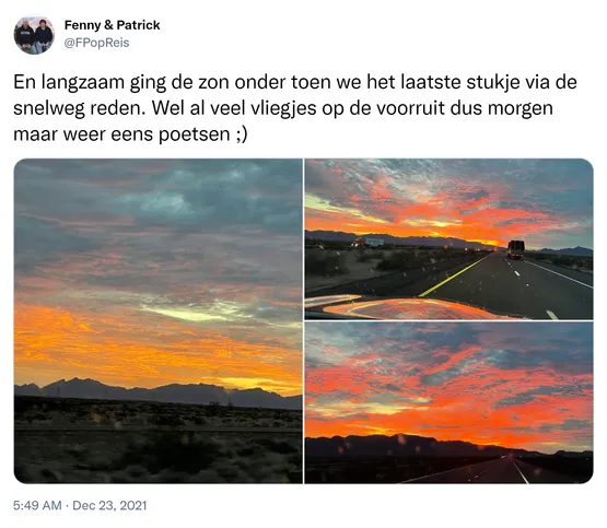 En langzaam ging de zon onder toen we het laatste stukje via de snelweg reden. Wel al veel vliegjes op de voorruit dus morgen maar weer eens poetsen ;) https://t.co/htzqvyZAYL