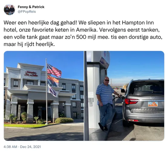 Weer een heerlijke dag gehad! We sliepen in het Hampton Inn hotel, onze favoriete keten in Amerika. Vervolgens eerst tanken, een volle tank gaat maar zo’n 500 mijl mee. tis een dorstige auto, maar hij rijdt heerlijk. https://t.co/O5IkUhQWQI