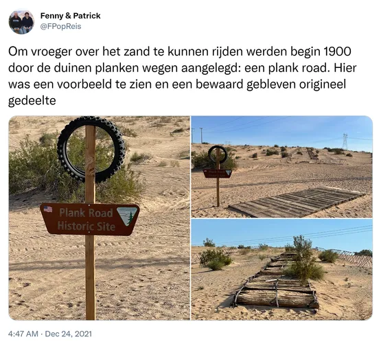 Om vroeger over het zand te kunnen rijden werden begin 1900 door de duinen planken wegen aangelegd: een plank road. Hier was een voorbeeld te zien en een bewaard gebleven origineel gedeelte https://t.co/mbuvp6DzDq