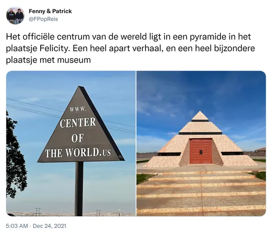 Het officiële centrum van de wereld ligt in een pyramide in het plaatsje Felicity. Een heel apart verhaal, en een heel bijzondere plaatsje met museum https://t.co/x82hyHLVmI
