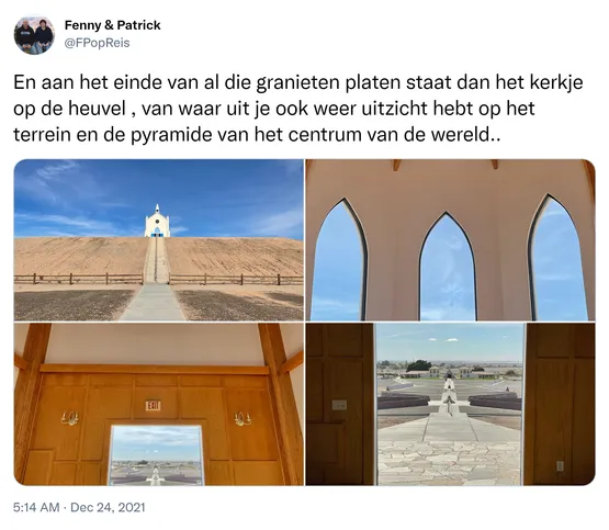 En aan het einde van al die granieten platen staat dan het kerkje op de heuvel , van waar uit je ook weer uitzicht hebt op het terrein en de pyramide van het centrum van de wereld.. https://t.co/FKKX8LRDi0