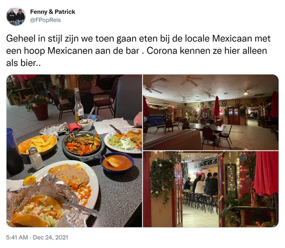 Geheel in stijl zijn we toen gaan eten bij de locale Mexicaan met een hoop Mexicanen aan de bar . Corona kennen ze hier alleen als bier.. https://t.co/uw0w4aBlId