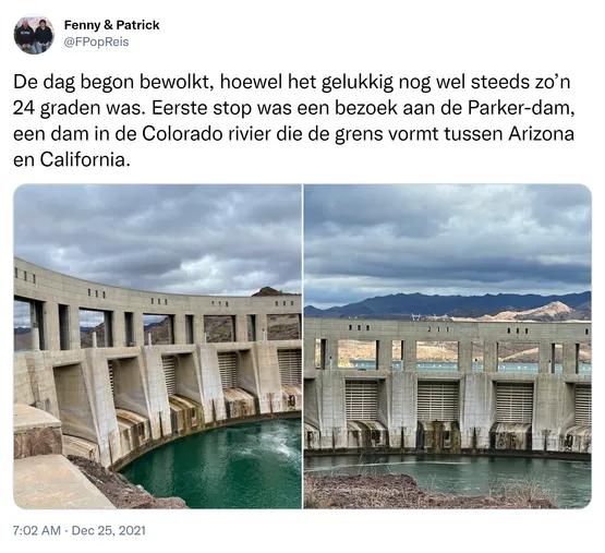 De dag begon bewolkt, hoewel het gelukkig nog wel steeds zo’n 24 graden was. Eerste stop was een bezoek aan de Parker-dam, een dam in de Colorado rivier die de grens vormt tussen Arizona en California. https://t.co/9pOtL3KuNT
