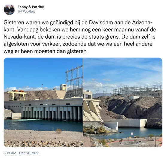 Gisteren waren we geëindigd bij de Davisdam aan de Arizona-kant. Vandaag bekeken we hem nog een keer maar nu vanaf de Nevada-kant, de dam is precies de staats grens. De dam zelf is afgesloten voor verkeer, zodoende dat we via een heel andere weg er heen moesten dan gisteren https://t.co/bv1PxYo0Ax
