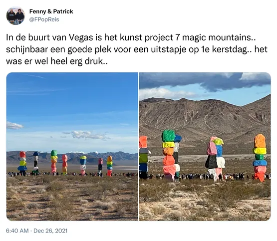 In de buurt van Vegas is het kunst project 7 magic mountains.. schijnbaar een goede plek voor een uitstapje op 1e kerstdag.. het was er wel heel erg druk.. https://t.co/dvK8FHlpc1