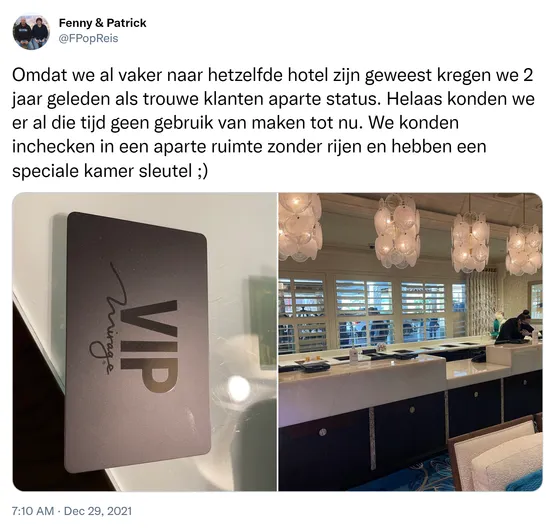 Omdat we al vaker naar hetzelfde hotel zijn geweest kregen we 2 jaar geleden als trouwe klanten aparte status. Helaas konden we er al die tijd geen gebruik van maken tot nu. We konden inchecken in een aparte ruimte zonder rijen en hebben een speciale kamer sleutel ;) https://t.co/YrjI8URPwr
