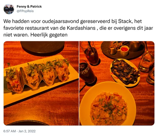We hadden voor oudejaarsavond gereserveerd bij Stack, het favoriete restaurant van de Kardashians , die er overigens dit jaar niet waren. Heerlijk gegeten https://t.co/TYBxreKKHR
