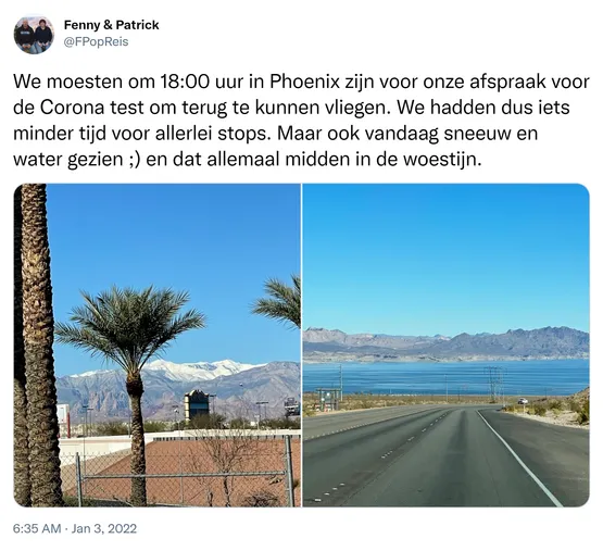 We moesten om 18:00 uur in Phoenix zijn voor onze afspraak voor de Corona test om terug te kunnen vliegen. We hadden dus iets minder tijd voor allerlei stops. Maar ook vandaag sneeuw en water gezien ;) en dat allemaal midden in de woestijn. https://t.co/awbDoYWeik
