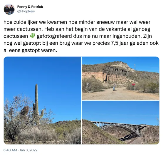 hoe zuidelijker we kwamen hoe minder sneeuw maar wel weer meer cactussen. Heb aan het begin van de vakantie al genoeg cactussen 🌵 gefotografeerd dus me nu maar ingehouden. Zijn nog wel gestopt bij een brug waar we precies 7,5 jaar geleden ook al eens gestopt waren. https://t.co/HikHw8koYn
