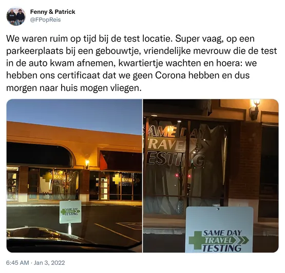 We waren ruim op tijd bij de test locatie. Super vaag, op een parkeerplaats bij een gebouwtje, vriendelijke mevrouw die de test in de auto kwam afnemen, kwartiertje wachten en hoera: we hebben ons certificaat dat we geen Corona hebben en dus morgen naar huis mogen vliegen. https://t.co/hjaD3Vg8f0
