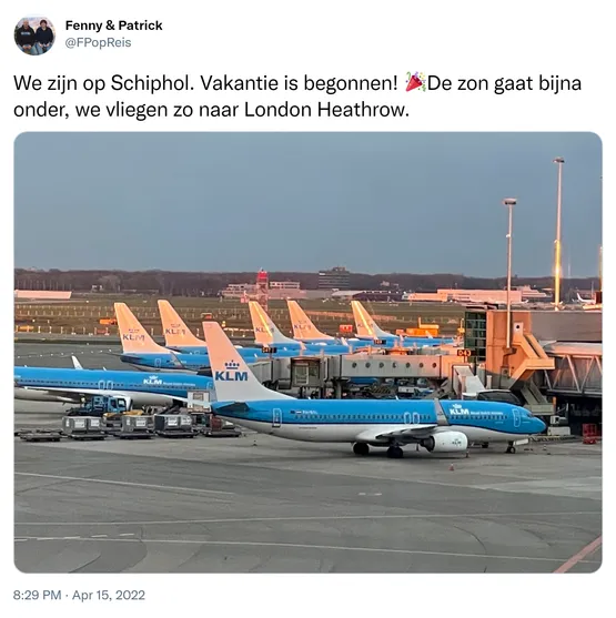 We zijn op Schiphol. Vakantie is begonnen! 🎉De zon gaat bijna onder, we vliegen zo naar London Heathrow. https://t.co/UtkILf6JGL
