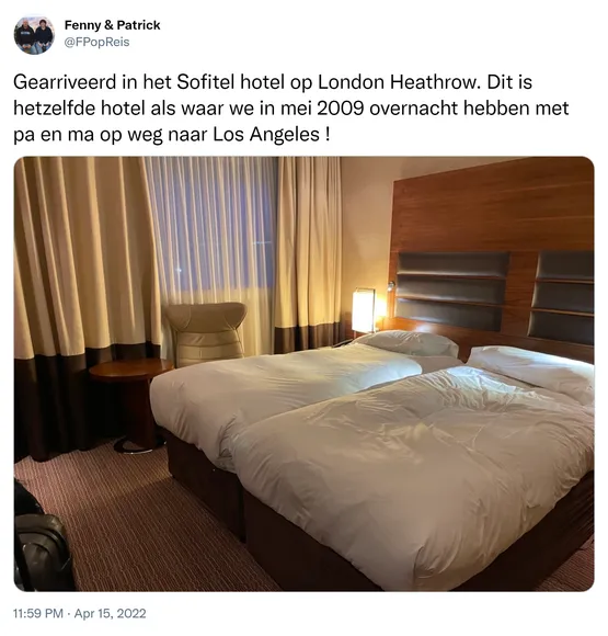 Gearriveerd in het Sofitel hotel op London Heathrow. Dit is hetzelfde hotel als waar we in mei 2009 overnacht hebben met pa en ma op weg naar Los Angeles ! https://t.co/ZtpSFjmy1t
