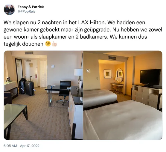 We slapen nu 2 nachten in het LAX Hilton. We hadden een gewone kamer geboekt maar zijn geüpgrade. Nu hebben we zowel een woon- als slaapkamer en 2 badkamers. We kunnen dus tegelijk douchen 😉👍🏻 https://t.co/J92Ke0jHcf
