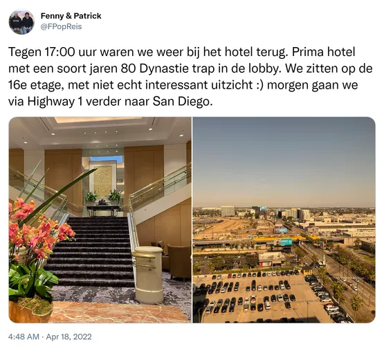 Tegen 17:00 uur waren we weer bij het hotel terug. Prima hotel met een soort jaren 80 Dynastie trap in de lobby. We zitten op de 16e etage, met niet echt interessant uitzicht :) morgen gaan we via Highway 1 verder naar San Diego. https://t.co/0zBHWawEQv 