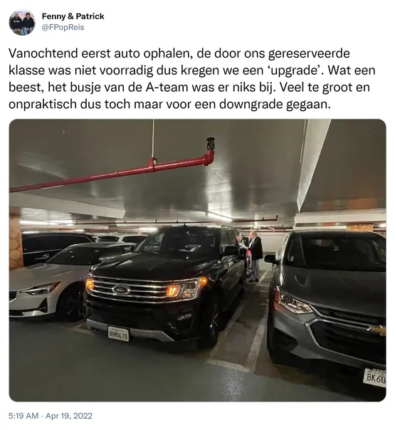 Vanochtend eerst auto ophalen, de door ons gereserveerde klasse was niet voorradig dus kregen we een ‘upgrade’. Wat een beest, het busje van de A-team was er niks bij. Veel te groot en onpraktisch dus toch maar voor een downgrade gegaan. https://t.co/AkCU3hy3wQ
