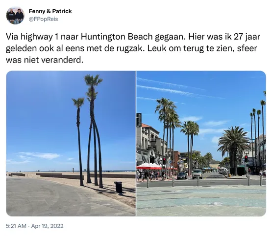 Via highway 1 naar Huntington Beach gegaan. Hier was ik 27 jaar geleden ook al eens met de rugzak. Leuk om terug te zien, sfeer was niet veranderd. https://t.co/gGV4u8S7b0
