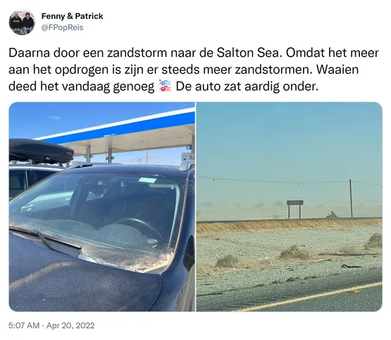 Daarna door een zandstorm naar de Salton Sea. Omdat het meer aan het opdrogen is zijn er steeds meer zandstormen. Waaien deed het vandaag genoeg 🎏 De auto zat aardig onder. https://t.co/qpvpkbkKDN 