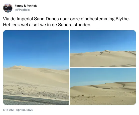 Via de Imperial Sand Dunes naar onze eindbestemming Blythe. Het leek wel alsof we in de Sahara stonden. https://t.co/xmXmY728nZ
