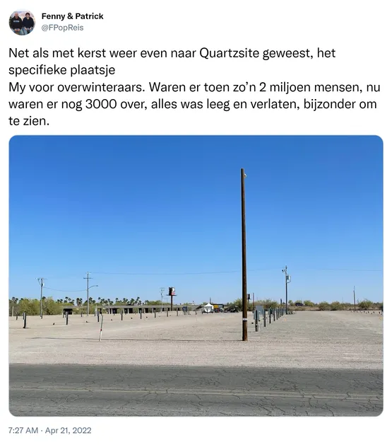 Net als met kerst weer even naar Quartzsite geweest, het specifieke plaatsje My voor overwinteraars. Waren er toen zo’n 2 miljoen mensen, nu waren er nog 3000 over, alles was leeg en verlaten, bijzonder om te zien. https://t.co/9CterMsaWt
