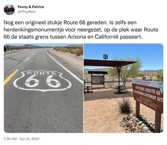 Nog een origineel stukje Route 66 gereden. Is zelfs een herdenkingsmonumentje voor neergezet, op de plek waar Route 66 de staats grens tussen Arizona en Californië passeert. https://t.co/p5UQiVXmSW 
