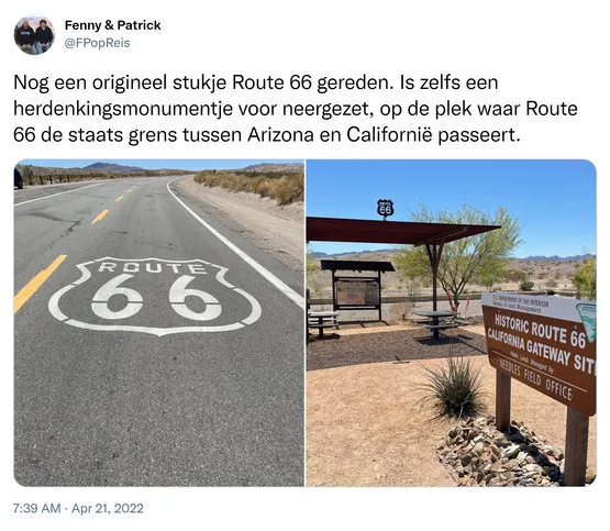 Nog een origineel stukje Route 66 gereden. Is zelfs een herdenkingsmonumentje voor neergezet, op de plek waar Route 66 de staats grens tussen Arizona en Californië passeert. https://t.co/p5UQiVXmSW
