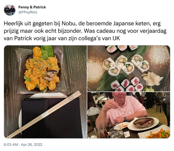 Heerlijk uit gegeten bij Nobu, de beroemde Japanse keten, erg prijzig maar ook echt bijzonder. Was cadeau nog voor verjaardag van Patrick vorig jaar van zijn collega’s van IJK https://t.co/rizs3caHaN
