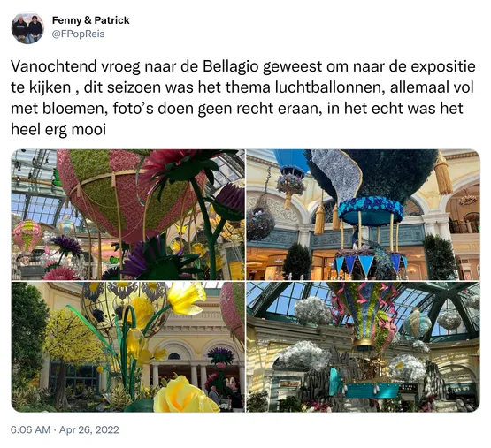 Vanochtend vroeg naar de Bellagio geweest om naar de expositie te kijken , dit seizoen was het thema luchtballonnen, allemaal vol met bloemen, foto’s doen geen recht eraan, in het echt was het heel erg mooi https://t.co/QImHF8HRkh 